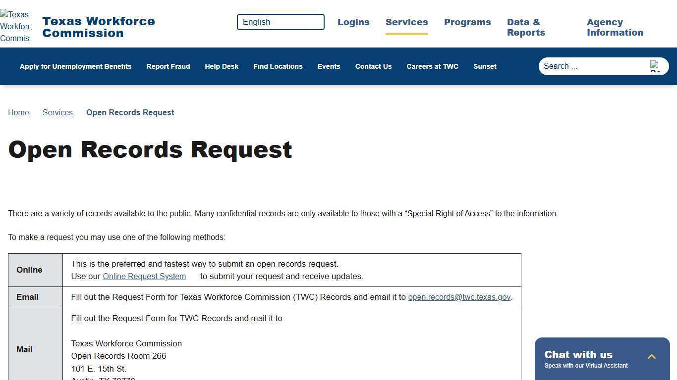 Open Records Request - Texas Workforce Commission