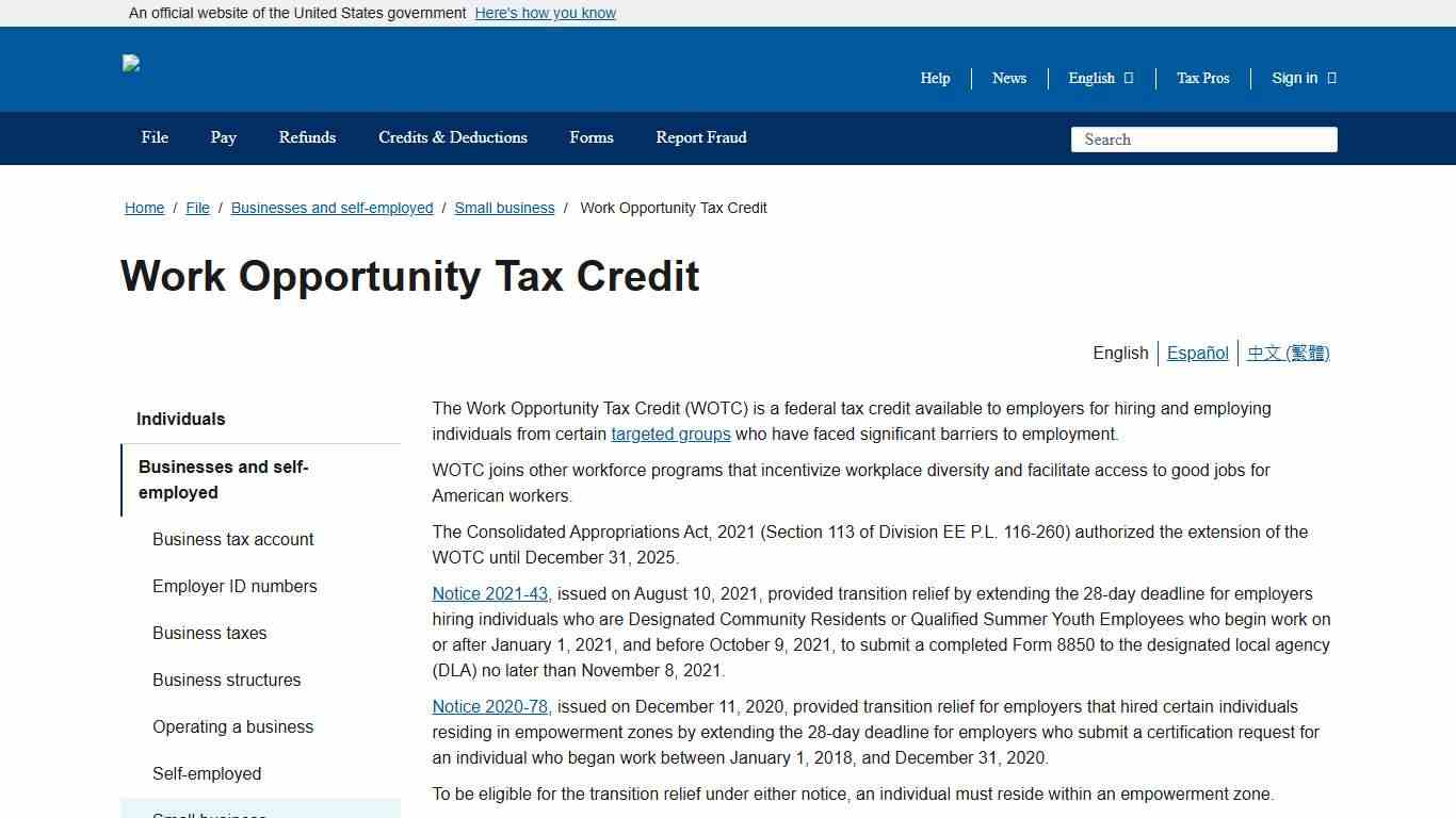 Work Opportunity Tax Credit | Internal Revenue Service
